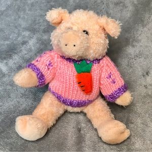 Vintage Chrisha Payful Plush pink pig wearing a knit Easter sweater with carrot
